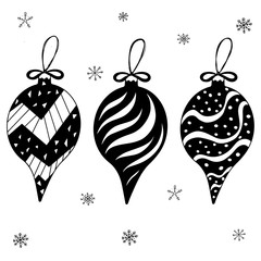 Set of hand drawn retro Christmas balls with ornament. New Year and X-mas decorations. Doodle illustration for coloring page.
