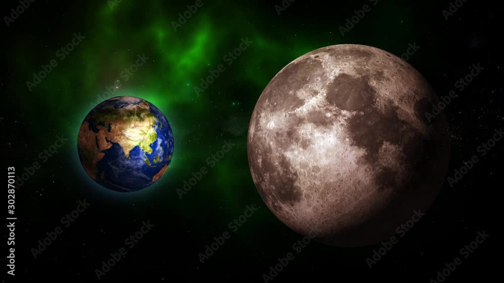 Wall mural green galaxy with moon and planet earth. moon and planet earth rotating and approach in open space o