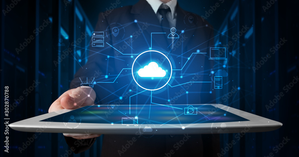 Poster formal hand in server room with virtual workspace concept