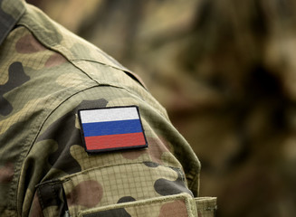 Flag of Russia on military uniform. Army, troops, soldiers. Collage.