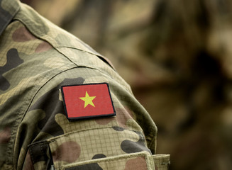 Flag of Vietnam on military uniform. Army, troops, soldiers. Collage.