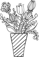Bouquet of flowers in vase isolated on white. Flowers in vase for coloring book.
