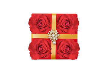 Red gift box, decorated with pearl and roses on white background top viwe.