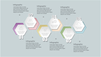 Flat geometric infographic template with 6 options for workflow layout, diagram, number options, step up options, web design and presentation