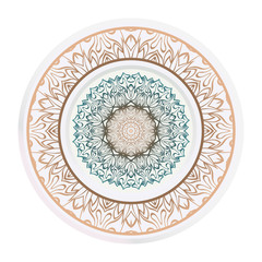 decorative plates for interior design. Empty dish, porcelain plate mock up design. Vector illustration. Decorative plates with Mandala ornament patterns. Home decor background.