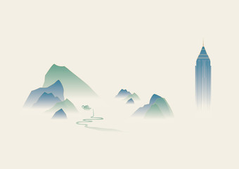 concept background of traditional ink paiting mountians East Asian style