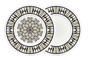 Matching decorative plates for interior designwith floral art deco pattern. Empty dish, porcelain plate mock up design. Vector illustration. White, grey color