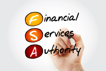 FSA - Financial Services Authority acronym with marker, business concept background