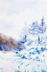 Fototapeta na wymiar Winter colorful landscape of snowy forest. Hand drawn watercolor illustration