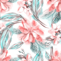 Watercolor Flowers Seamless Pattern. Hand Painted Background.
