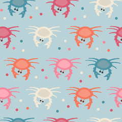 Vector seamless pattern with muted colors crabs on blue background. Print for fabric, wrapping papers, wallpapers, fabric, covers, scrapbooking. Great for baby clothes.