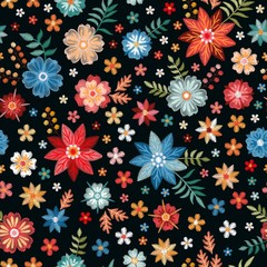 Embroidery flowers in red, yellow and blue colors on black background. Floral seamless pattern.
