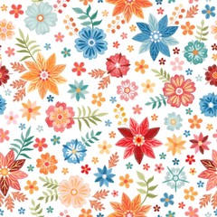 Fototapeta na wymiar Bright seamless pattern with colorful embroidery flowers on white background. Vector summer design.