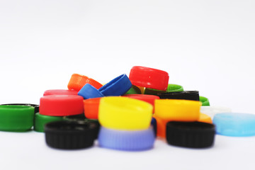 colorful plastic caps of PET bottles
