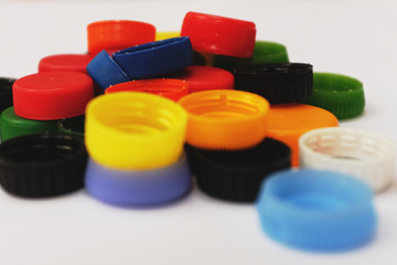 colorful plastic caps of PET bottles