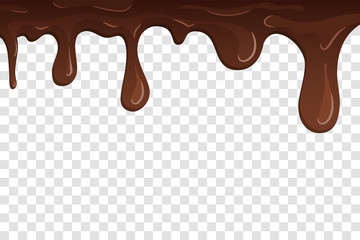 Dripping chocolate. Drips chocolate, isolated white transparent background. Melt fluid sweet dessert. Tasty splash liquid, cartoon design. Brown delicious cream. Flowing trickle. Vector illustration