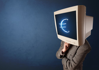 Young person with monitor head, money and cash concept