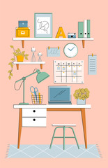 Workplace room, home office, modern Interior. Office with laptop computer. Vector illustration in flat cartoon style.