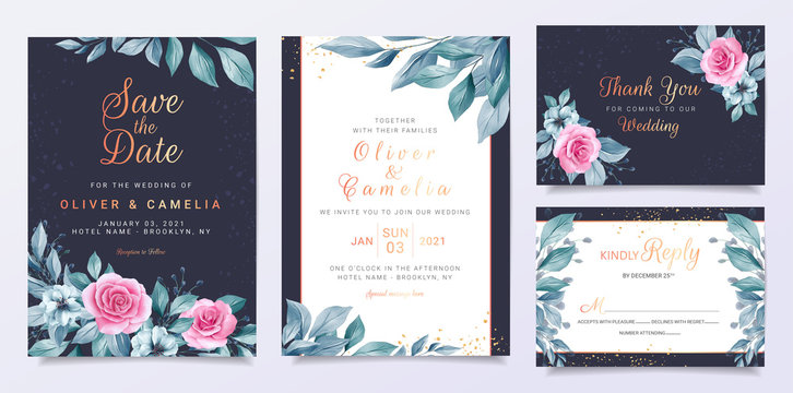 Blue wedding invitation card template set with flowers decoration and blue leaves. Red and peach roses illustration for save the date, invitation, greeting card, poster, multi-purpose