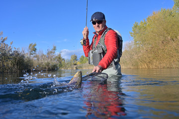 taking a big brown trout in the fly