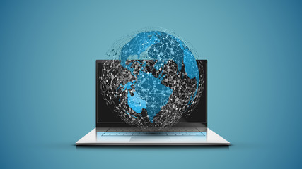 Realistic laptop with 3D world map with blue background, vector illustration