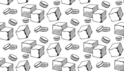 Seamless pattern with sugar cubes and stevia pills. Sweetness and sweetener. Hand drawn background with strokes. Vector sketch texture for wallpapers, backgrounds, menus and your design.