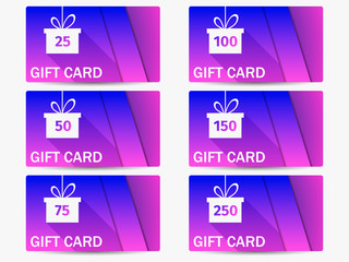 Gift card with gift box set. Layers of cut paper. The cards cost in 25, 50, 75 100, 150, 250. Overlay layers with a gradient. Vector illustration