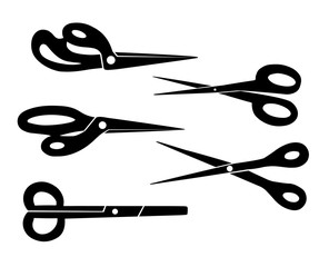 Set of silhouettes of sewing and hairdressing scissors. Black outline separate from the background. Vector object for logos, icons, infographics and your design.