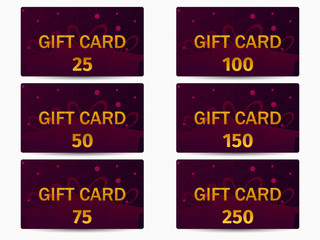 Gift card set. Golden text on burgundy color gradient background. The cards cost in 25, 50, 75 100, 150, 250. Vector illustration