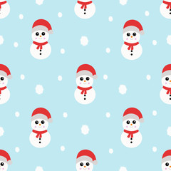 New year seamless pattern with kawaii snowman. Vector illustration.