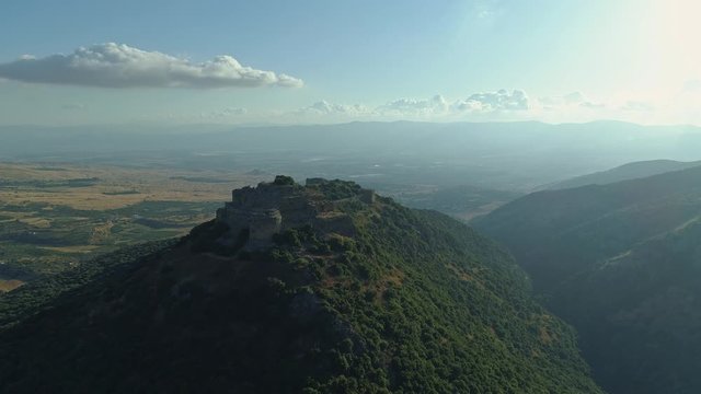 Aerial view of a large crusader fortress in the Golan heights in north Israel