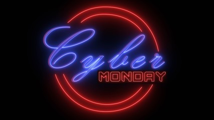 Cyber Monday lettering shown in neon style - black background - 3D illustration