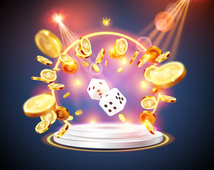 The word Casino, surrounded by a luminous frame and attributes of gambling, on a explosion background.