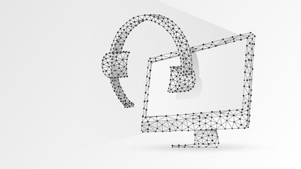 Headphones with microphone on a computer monitor. Abstract digital wireframe, low poly mesh, polygonal vector white origami 3d illustration. Online consultation, problem-solution concept. Line dot