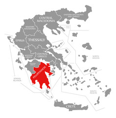 Peloponnese red highlighted in map of Greece