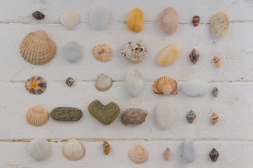 Seashells and pebbles on white wooden table. Vacation concept. Vacation flat lay 