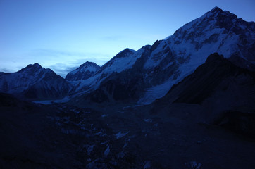 Everest base camp trek. Khumbu glacier with view of Nuptse (7861 m). Early morning before sunrise in Himalayas mountains, Sagarmatha national park, Solukhumbu, Nepal