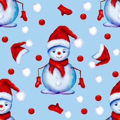 Christmas watercolor seamless pattern with snowmans and red hats .