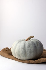 Still life of light pumpkin lies on a rough brown bag for vegetables on a white background side view.