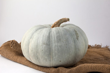 Still life of light pumpkin lies on a rough brown bag for vegetables on a white background view from the side closeup.