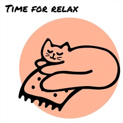 Hand drawn card. The cat that lies on the plaid. Text Time for relax