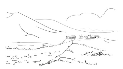 Sketch of small village with lake in mountains, Hand drawn illustration