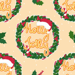 holly jolly slogan cute seamless christmas pattern on light yellow background with holly leaves wreath and sparkles, editable vector illustration for winter holiday decoration, paper, banner, fabric, 