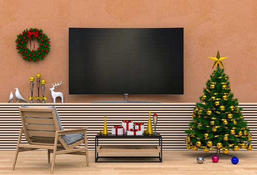 mock up smart tv. Christmas interior living room. 3d render