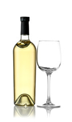 Bottle of wine and empty glass on white background