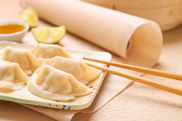 Plate with tasty Japanese gyoza on light background