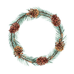 Watercolor wreath of pine branches and cones. Isolated hand drawn branches. Cirle frame design for Happy New Year and Christmas print, wallpaper. 
