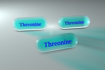 Blue threonine capsules. Threonine is an essential amino acid used in the biosynthesis of proteins. Medical background. Scientific background. 3d illustration