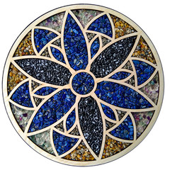 Collage done from photo of the floral ornament done from colorful gem stones.