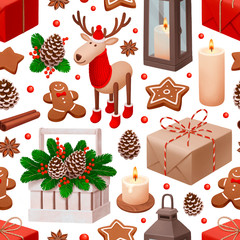 Christmas seamless pattern. Gift boxes, reindeer toy, candle, gingerbread man and star cookies, Christmas decorations and spices illustrations